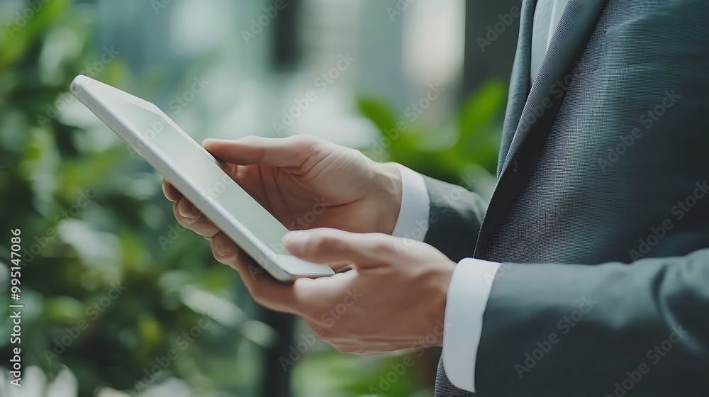 Poster close-up of a man using a tablet in a business setting