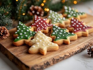 Decorated Christmas Tree Cookies on Wooden Board
