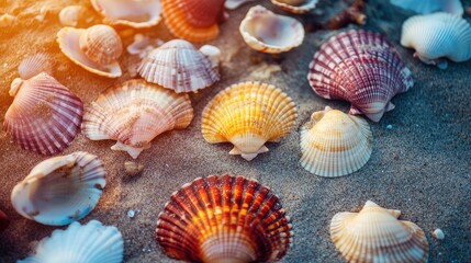 A close-up of seashells in various colors scattered on a sandy beach
