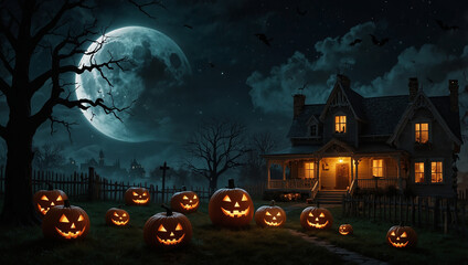 A spooky Halloween scene. Houses and trees under a large moon, with jack-o'-lanterns.