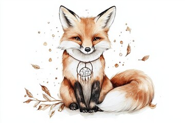 Obraz premium Artistic illustration of a fox with a dreamcatcher necklace