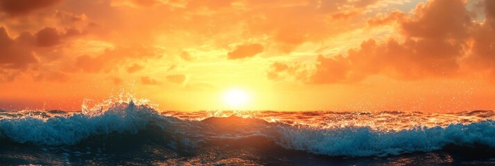 A stunning seascape showcasing a vibrant sunrise with golden clouds casting warm hues across the ocean, while crashing waves break against the shore.  The scene is a powerful reminder of the beauty an