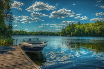 Obraz premium Boat Docked in Muskoka: A Beautiful Day at Canadian Dock with Forest and Blue Sky