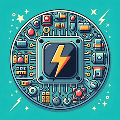 Electronic circuit board with processor and electrical component. Electronics in Green PCB Board or Motherboard Logo Symbol Round Vector Flat Design