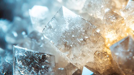 A detailed view of shimmering salt crystals showcases their sharp contours and complex formations under focused lighting.