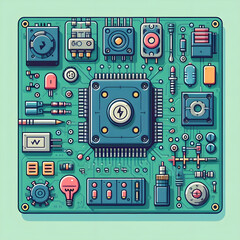 Electronic circuit board with processor and electrical component. Electronics in Green PCB Board or Motherboard Vector Flat Design