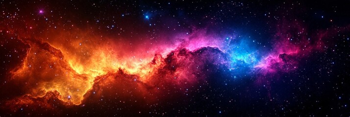 Fototapeta premium A vibrant nebula, a cosmic dance of fire and ice, with red and blue clouds of gas and dust, scattered with countless stars, symbolizing creation, chaos, beauty, mystery, and infinity.