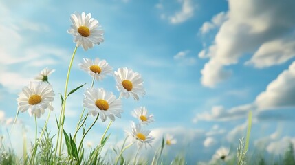 A vibrant meadow filled with daisies under a sunny blue sky, symbolizing purity, joy, innocence, nature, and spring.