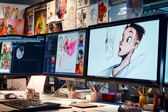 A vibrant studio brimming with dynamic artwork and digital displays that celebrate the art of animation.