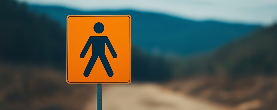 A clear pedestrian sign on a dirt path with a mountainous background, indicating a walking route in nature.