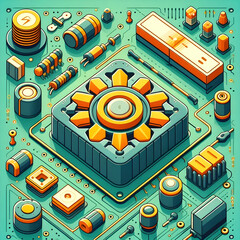 Electronic circuit board with processor and electrical component. Electronics in Green PCB Board or Motherboard Vector Flat Design