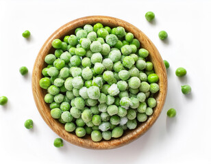 frozen peas in wooden bowl, top view, flat lay, isolated white background