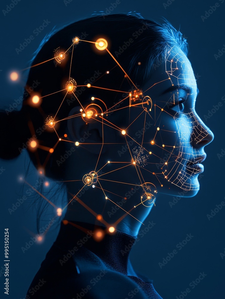 Poster a woman's profile is illuminated with a digital network of glowing lines and nodes, representing the