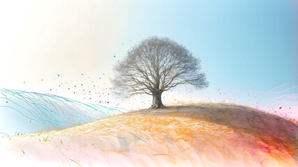 Digital art featuring a stylized landscape rendered in soft pastel tones.