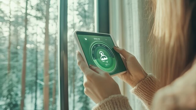 A woman holds a tablet displaying eco-friendly data in a forested setting, symbolizing the integration of technology and nature for sustainable living.