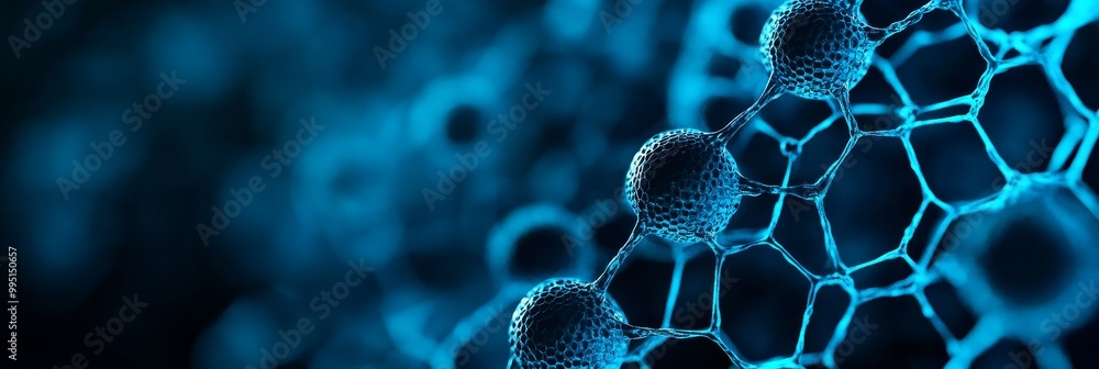 Poster abstract depiction of blue cellular structures, representing interconnectedness, complexity, and sci