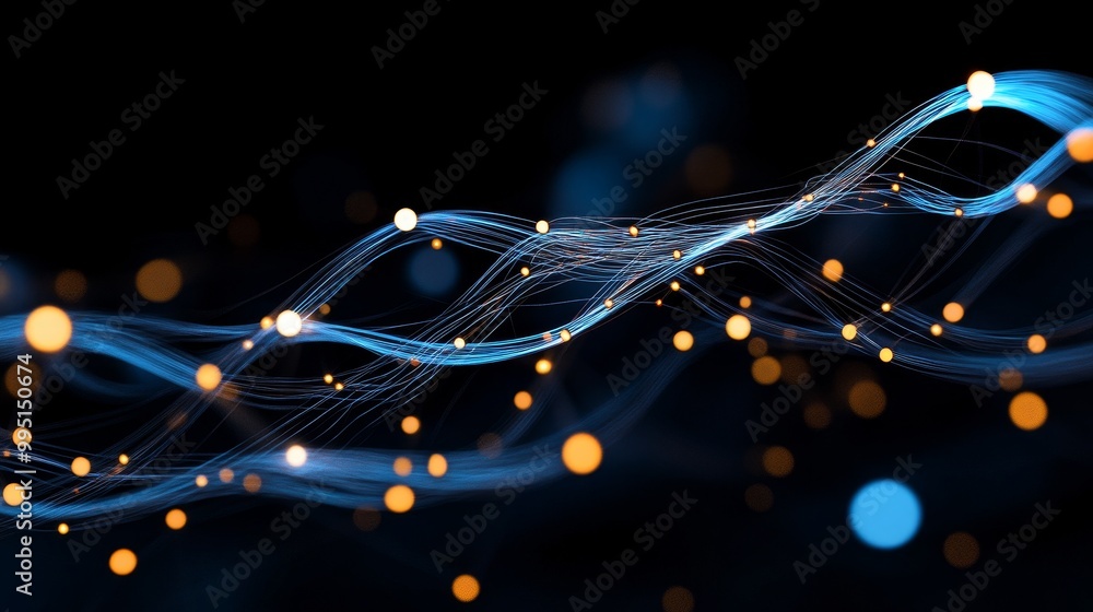 Poster abstract design of glowing nodes connected by fine lines, representing digital network, data flow, t