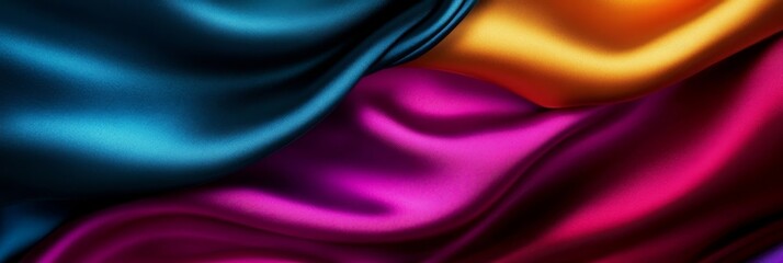 Obraz premium Abstract Colorful Satin Fabric with Shiny Texture. This image evokes luxury, elegance, and fluidity with its rich colors and smooth, flowing lines. The vibrant hues, including teal, magenta, and gold