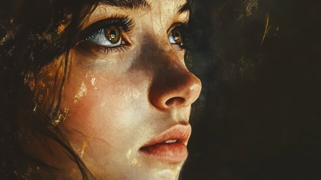 An emotional artistic portrait of a figure gazing into the distance with dreamy eyes capturing a mood of introspection and thoughtfulness