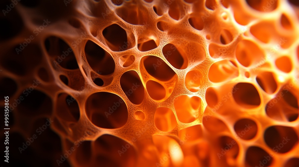 Poster abstract orange cave-like structure with intricate holes, symbolizing complexity, connection, fragil