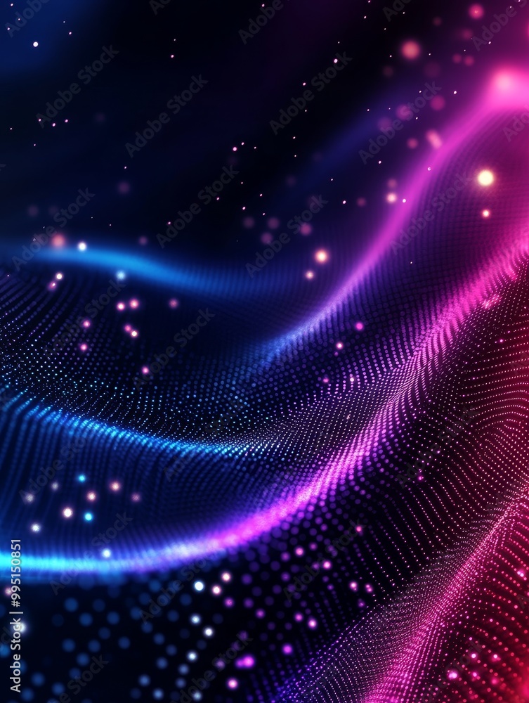 Poster abstract gradient background featuring dynamic pixel waves in blue and pink hues, creating a mesmeri