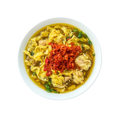 Delicious Indonesian Soto Ayam Soup with Fried Eggs and Chili Paste