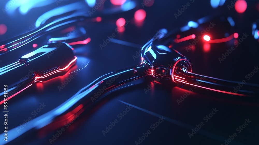 Poster an abstract design of glowing nodes linked by flowing lines, representing connectivity, technology, 