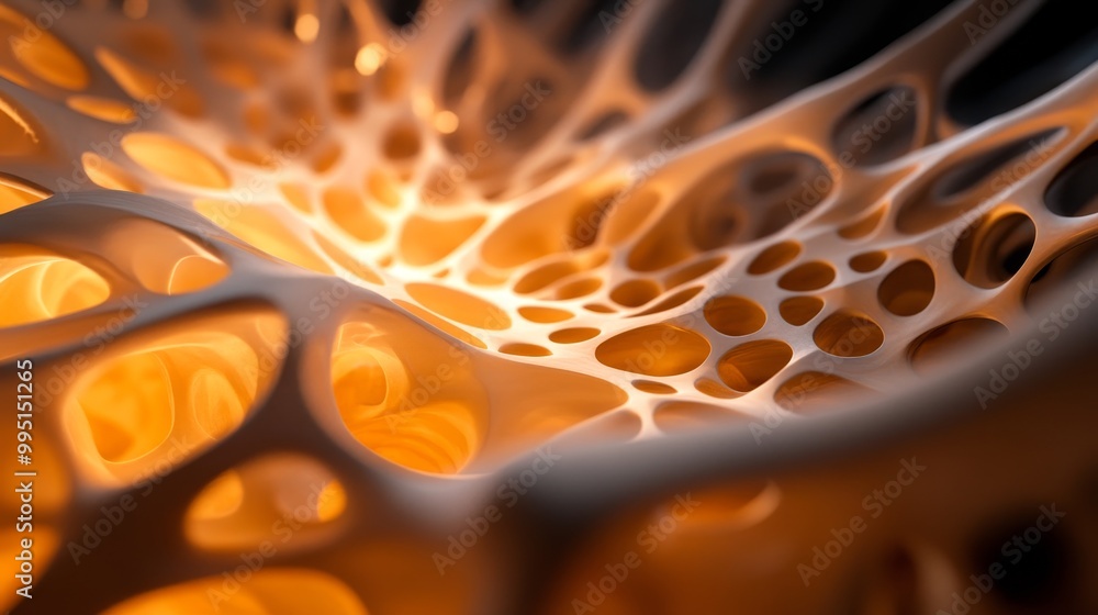 Poster an abstract image of a cave-like structure with intricate holes, symbolizing interconnectedness, fra