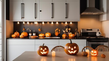 Obraz premium Some carved pumpkins stand on the table kitchen in the afternoon for Halloween ambience.
