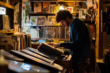 Obraz premium An avid vinyl enthusiast carefully organizes his treasured collection in a warm, softly illuminated space adorned with musical artifacts.