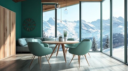 Fototapeta premium Chairs at a round wooden dining table in a green room with a wall-sized window overlooking the mountains