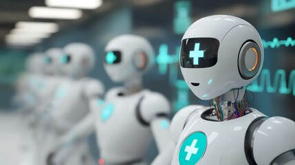 A line of humanoid robots with medical symbols, designed for healthcare settings, showcasing futuristic technology and robotic assistance.
