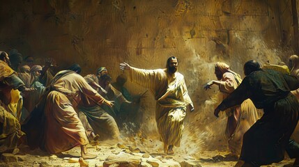 A dynamic scene of Jesus exorcising demons in Gerasa