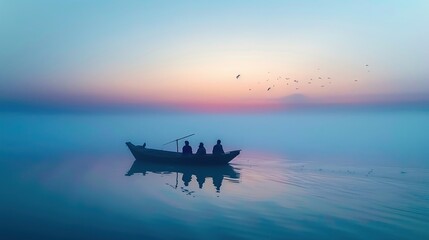 Obraz premium A tranquil scene of Jesus fishing with his disciples at dawn