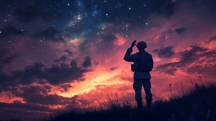 A man in a camouflage uniform stands on a hillside