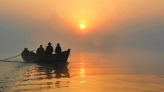 A tranquil scene of Jesus fishing with his disciples at dawn