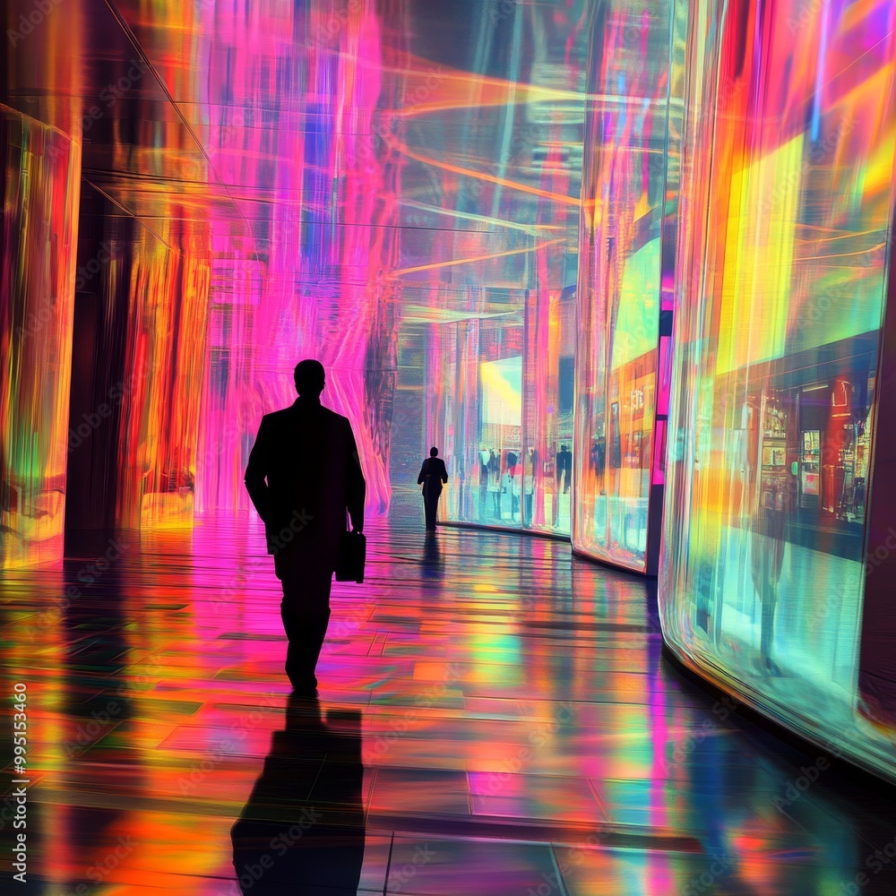 Poster A man walks down a hallway with a colorful background