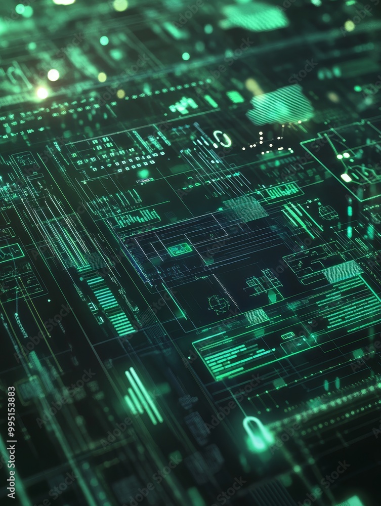 Poster futuristic green digital interface with data streams, glowing lines, and intricate patterns, symboli
