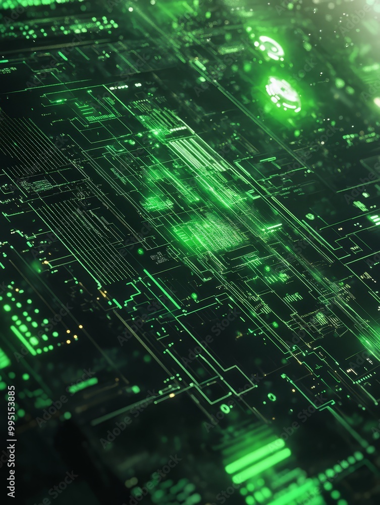 Poster futuristic green digital interface circuitry, representing advanced technology, data flow, network c
