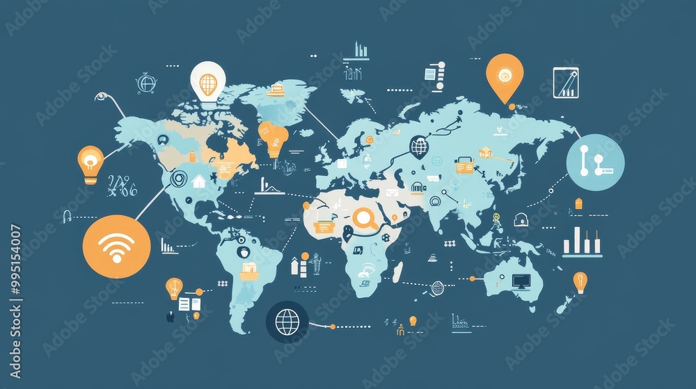 Poster global search trends map with various icons symbolizing internet activity, data flow, and search tre