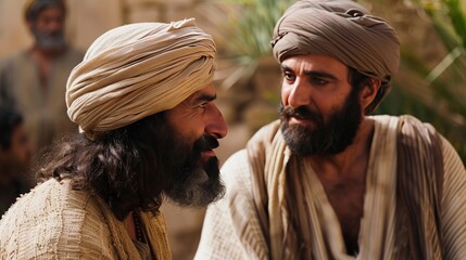 Jesus in dialogue with a Pharisee about the greatest commandment