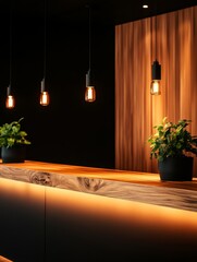 Minimalist lobby design with a wooden counter, warm lighting, and plants creating a welcoming and sophisticated atmosphere.