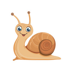 A cute vector illustration of a happy snail with a large spiral shell and expressive eyes. Perfect for children's books, educational materials, or nature-themed designs featuring animals and insects