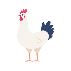 A cute cartoon-style illustration of a chicken with light brown feathers and a red comb. Perfect for farm-themed projects, children's books, or educational content about animals