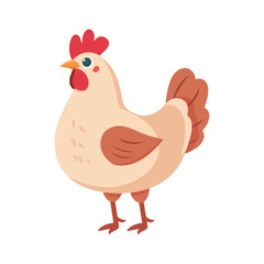 A cute cartoon-style illustration of a chicken with light brown feathers and a red comb. Perfect for farm-themed projects, children's books, or educational content about animals
