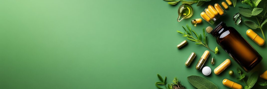 Natural Wellness Supplements and Herbal Products, featuring capsules, herbs, and a bottle, on a green background, symbolizing health, nature, vitality, well-being, and a holistic lifestyle.