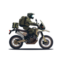 A detailed vector illustration of a motorcyclist riding a dirt bike, wearing protective gear and a backpack. Ideal for outdoor, adventure, or off-road themes, and motorcycle-related projects