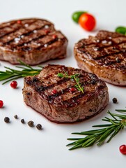Perfectly grilled steaks with rosemary, peppercorns and a hint of salt, showcasing a delicious and mouthwatering meal.