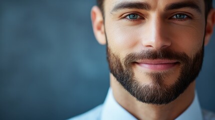 Obraz premium A smiling man with a beard in a formal shirt poses for a close up portrait against a blurred background