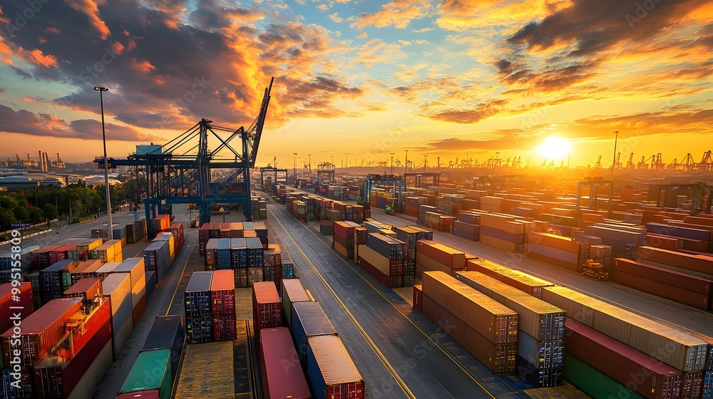 Poster sunset over a busy container port with cargo cranes